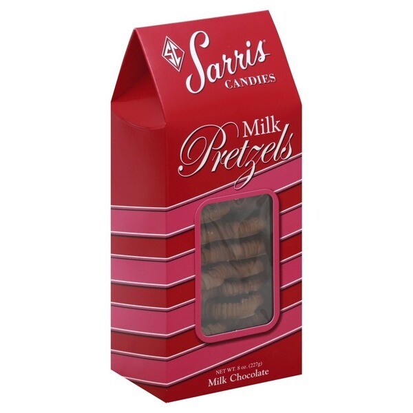 SARRIS CANDY MILK CHOCOLATE COVERED PRETZELS 8OZ BOX