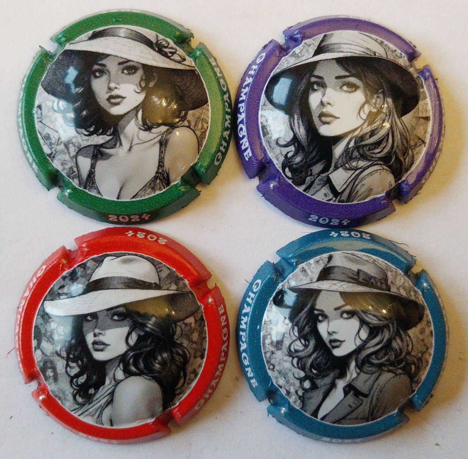 4 BELLES CAPSULES CHAMPAGNE GENERIQUE QUART FEMME CHAPEAU 2024 REF N°1448d a 1448g NEWS