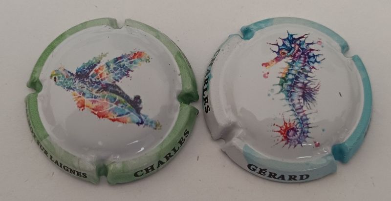 2 BELLES CAPSULES CHAMPAGNE GERARD CHARLES ANIMAUX MARIN 500EX REF N°29 et 30 NEWS