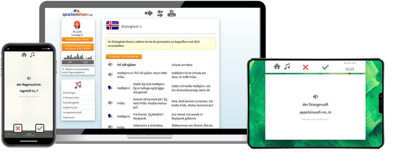 Deutsch lernen für Isländer-Basiskurs (A1/A2) + Audiotrainer - Onlinekurs