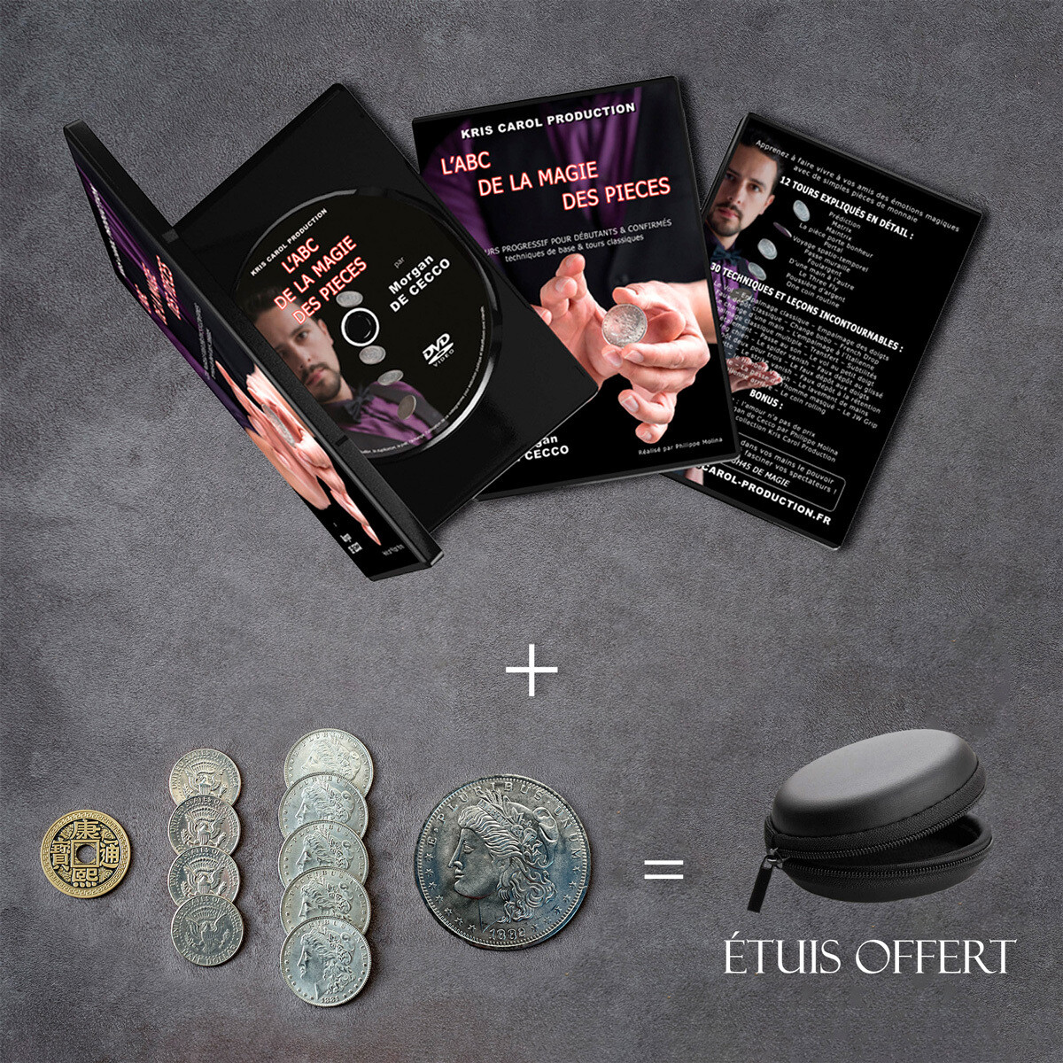 DVD L&#39;ABC de la magie des pièces + Kit de pièces complet (jumbo version Morgan Dollar) + Étui offert