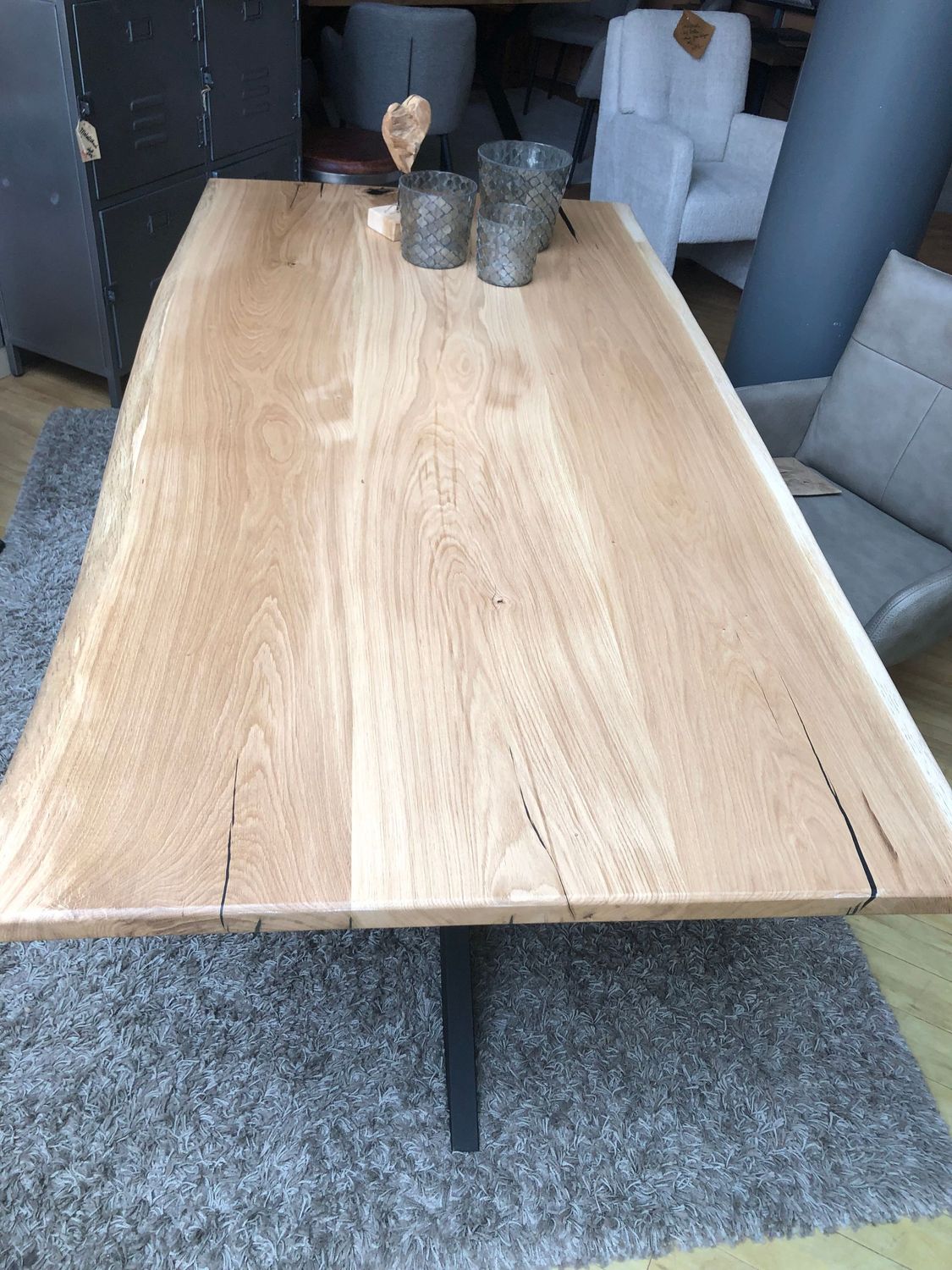 Esstisch, Vollholzplatte 4cm, 3 Holzlamellen, Stahluntergestell