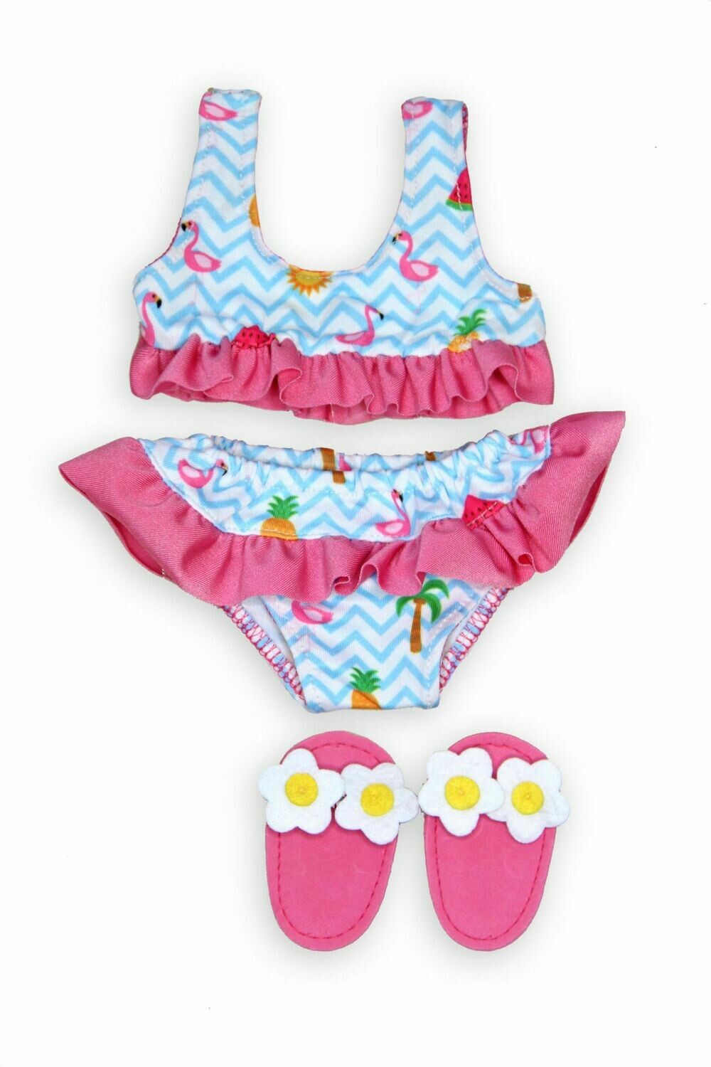 Bikini mit Badeschläppen   "Flamingo"  für P-Größe  28cm - 35cm