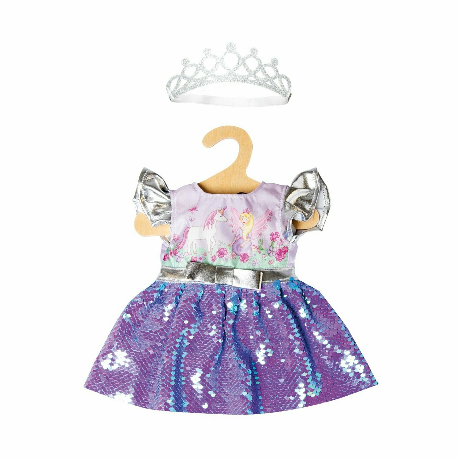 Kleid mit Wendepailletten und silberner Krone   "Fee + Einhorn"   für P-Größe 28cm - 35cm   ohne Puppe