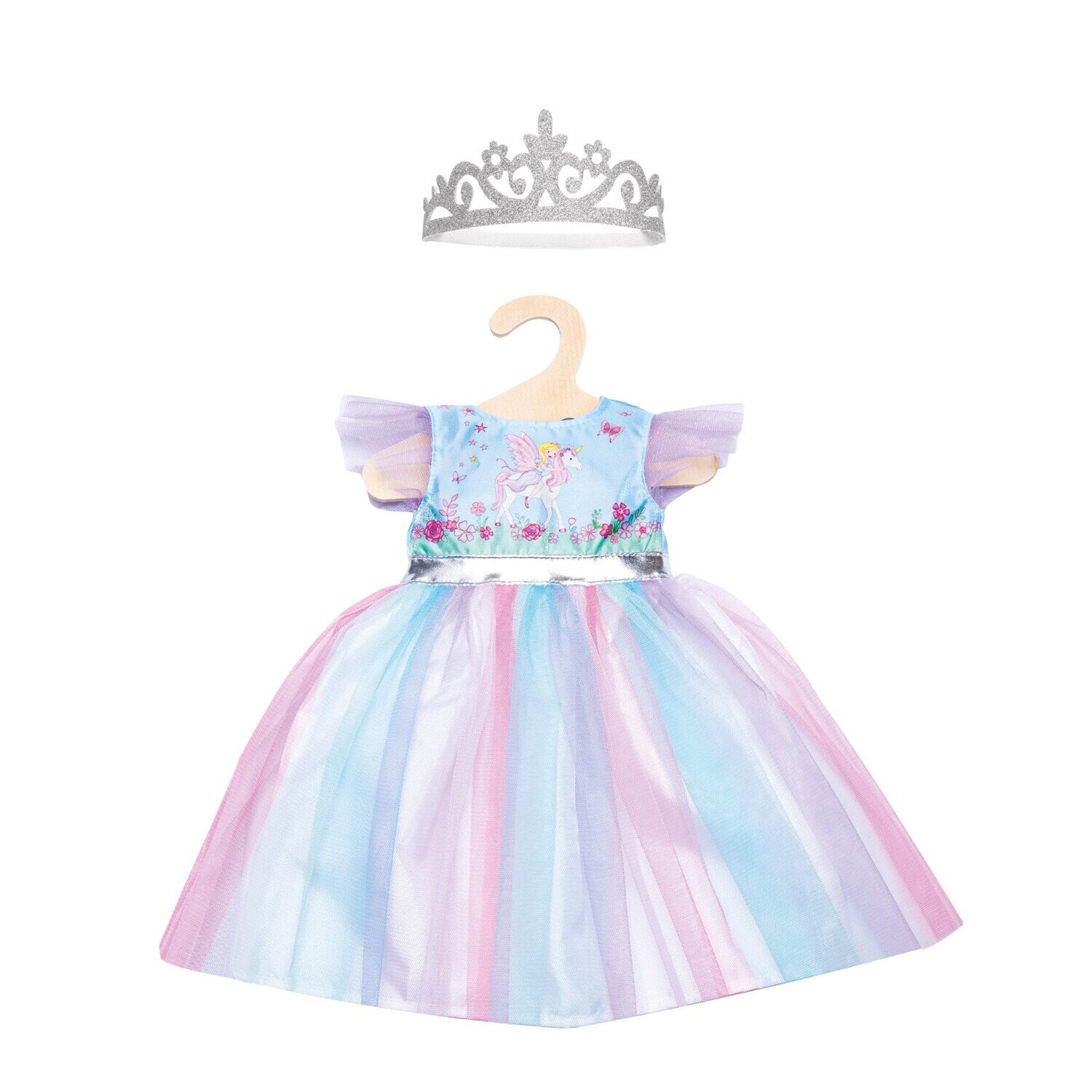 Kleid mit silberner Krone für   "Fee + Einhorn"   für P-Größe 28cm - 35cm   ohne Puppe