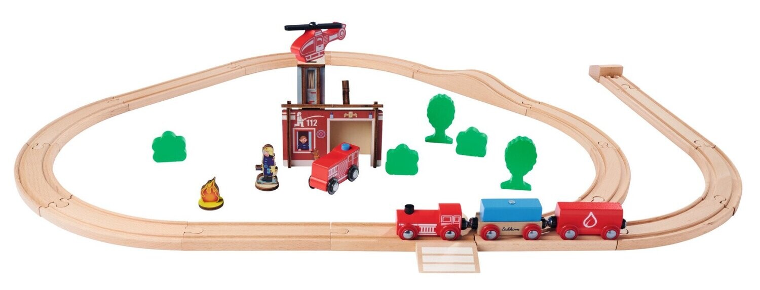 Holzeisenbahnset   "Feuerwehr"  33-teilig  Streckenlänge  290cm