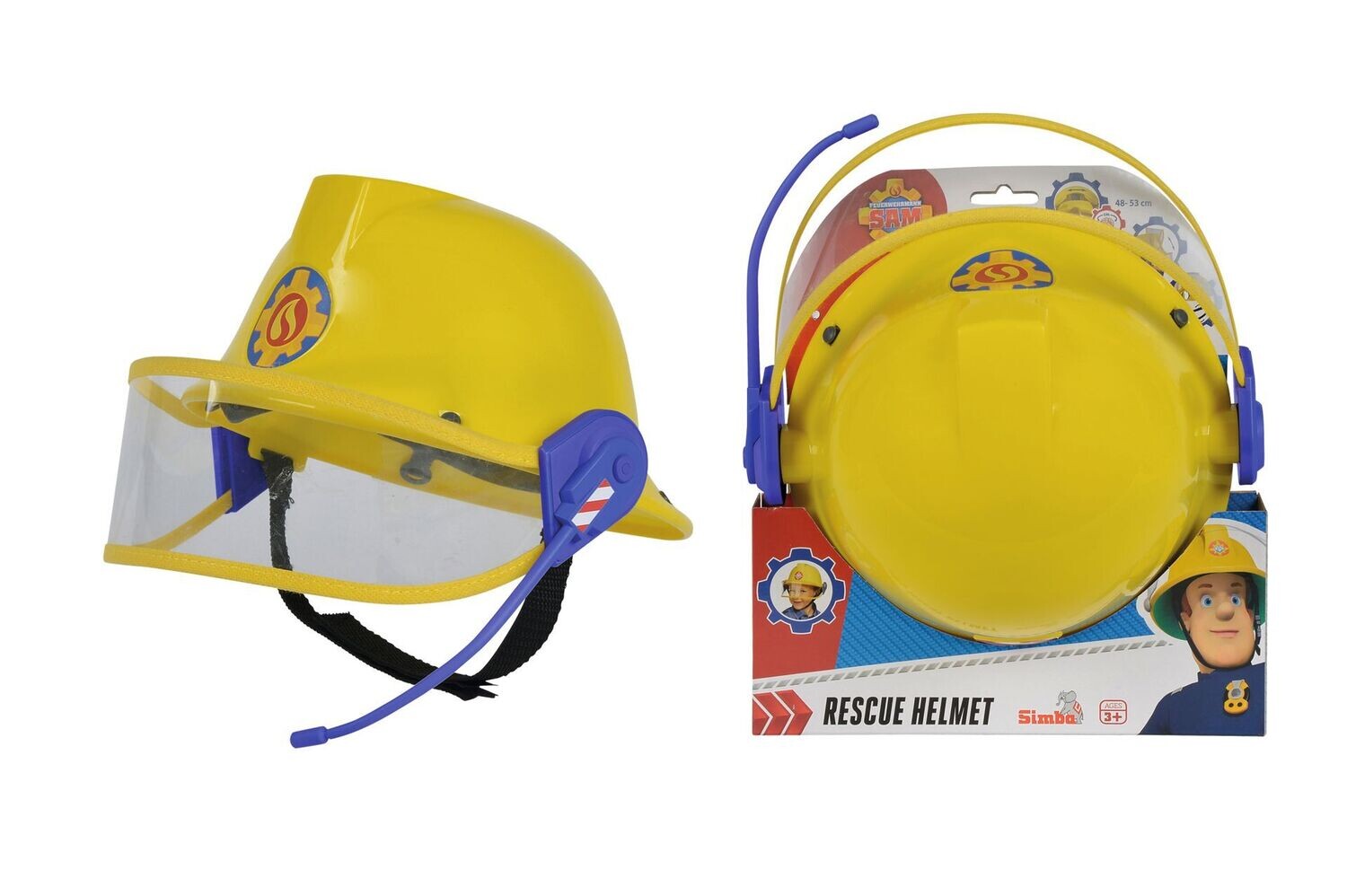 Sams Feuerwehr-Helm mit Mikrofon ist verstellbar und hat einen Durchmesser von ca. 23cm