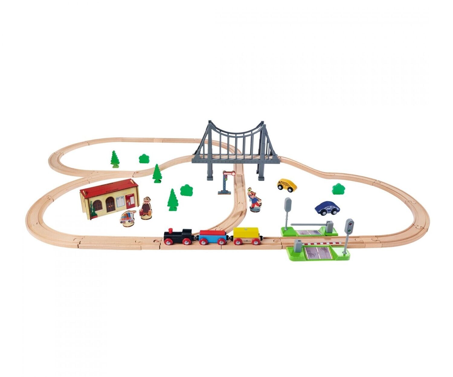 Holzeisenbahn-Set mit Brücke  55-teilig / Streckenlänge  500cm