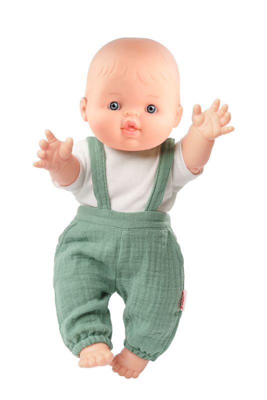 Im Set: Puppenjunge mit Bio-Latzhose und T-Shirt     "Salbeigrün"  Puppen-Größe 34cm