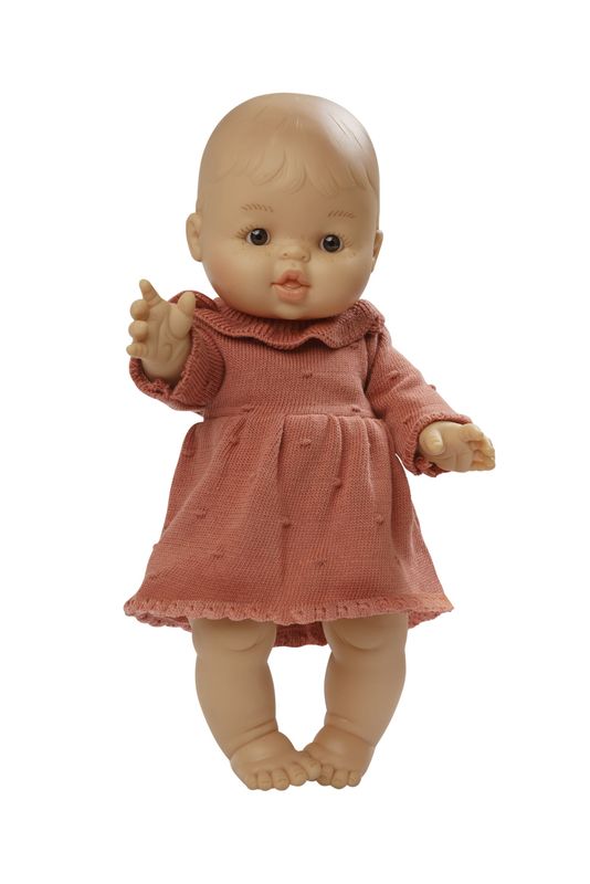 Puppenmädchen mit Strickkleid aus 100% Bio-Baumwolle   "Pfirsich"  P-Größe  34cm