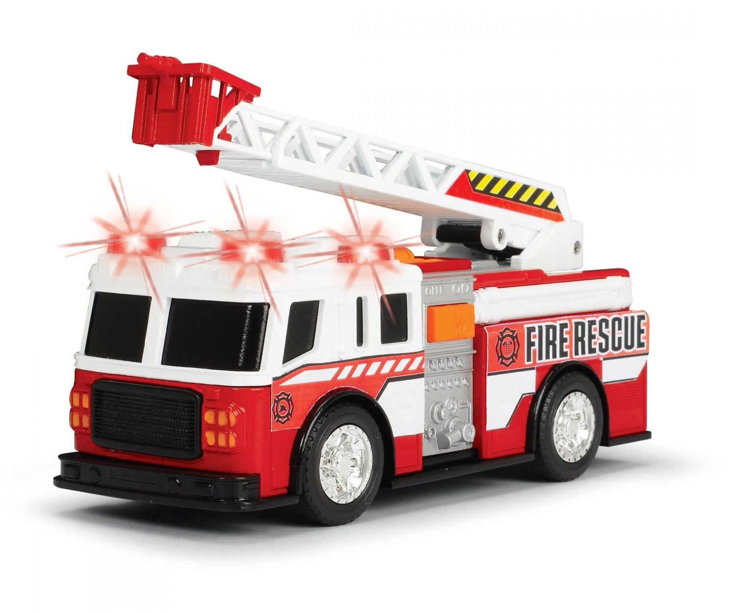 Feuerwehrauto mit Drehleiter   "Fire Rescue" mit Licht, Sound, Batterien und einer Länge von   15cm