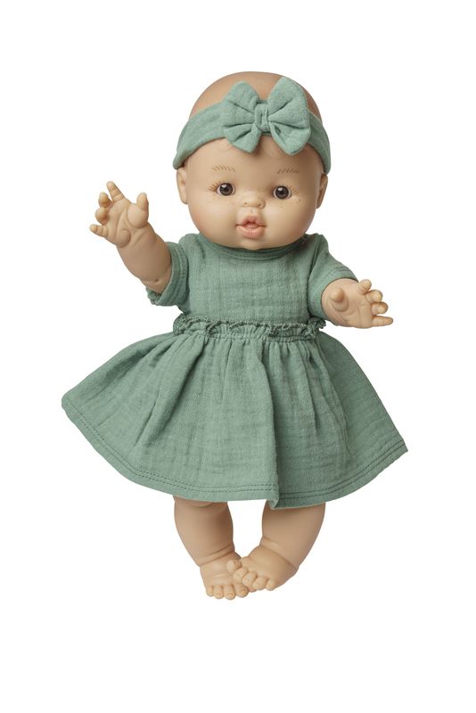 Im Set:  Puppenmädchen im Bio-Kleid     "Salbeigrün"   34cm