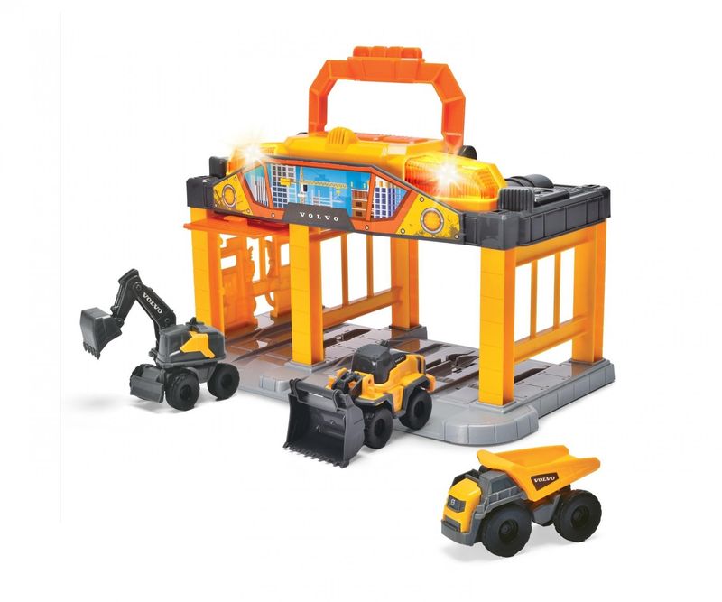 Volvo Micro - Autostation mit Licht, Sound und Batterien und 3 Fahrzeuge   "Constructor Station"   ca. 25cm