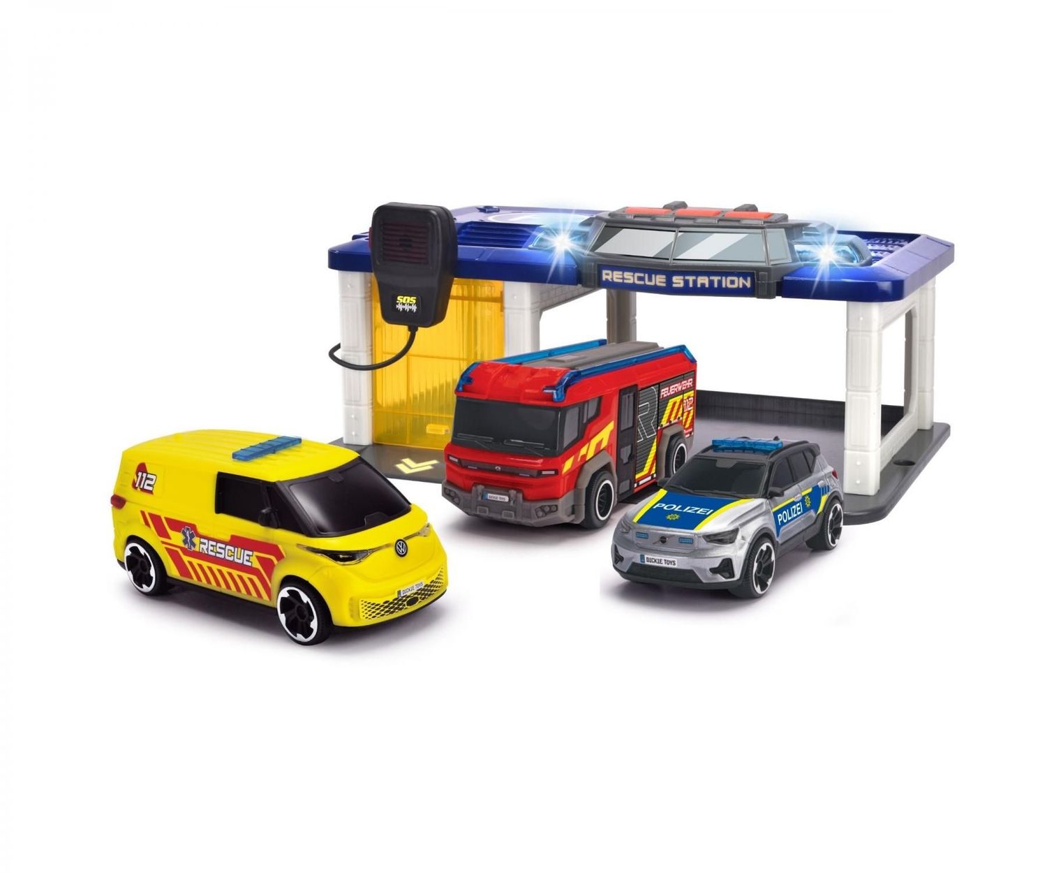 SOS-Station mit 3 Fahrzeuge 2 in 1 inkl. Licht, Sound und Batterien SOS-Station mit 3 Fahrzeuge 2 in 1 inkl. Licht, Sound und Batterien "Rescue Station" 31x22cm