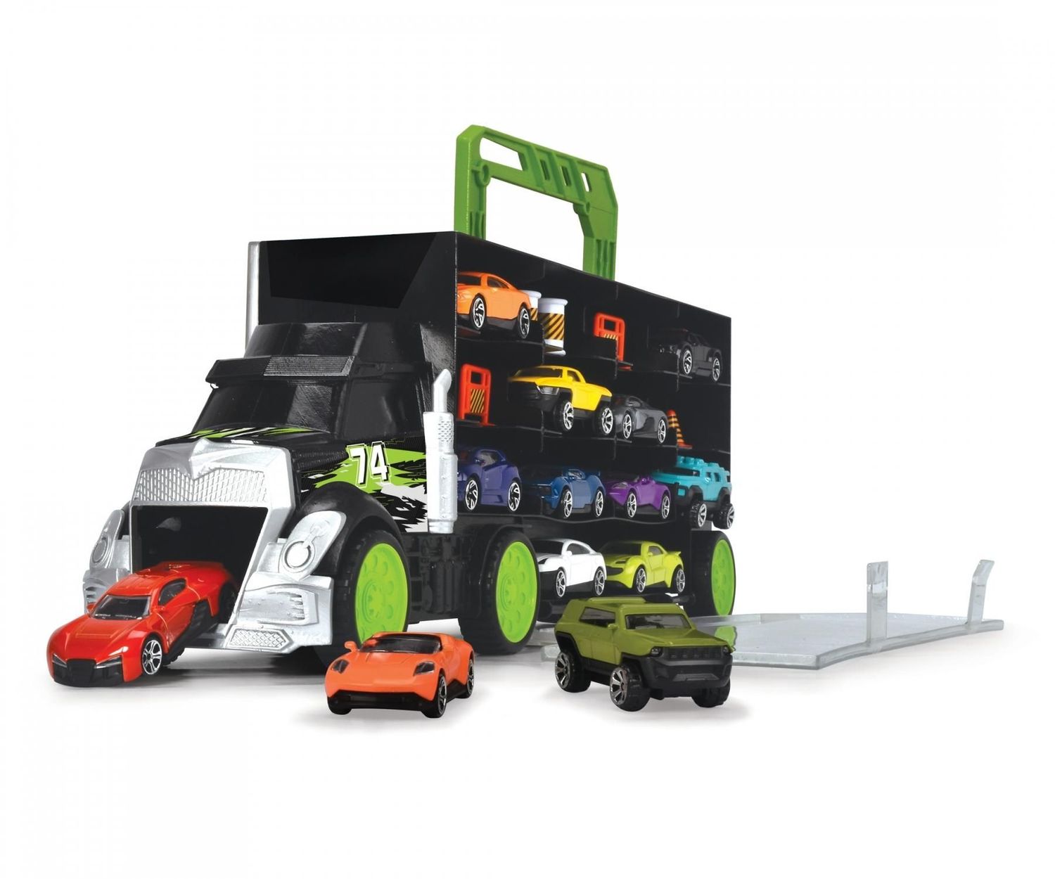 Autotransporter mit 4 Die-Cast-Metallautos und Zubehör ca. 43cm Autotransporter mit 4 Die-Cast-Metallautos und Zubehör ca. 43cm