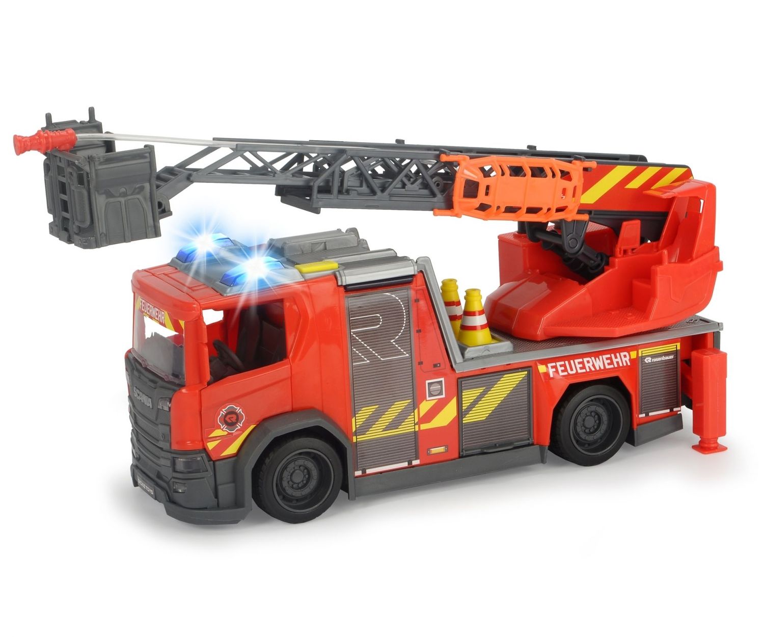 Feuerwehr-Auto mit Drehleiter, Licht, Sound und Batterien 25cm lang Feuerwehr-Auto mit Drehleiter, Licht, Sound und Batterien 25cm lang