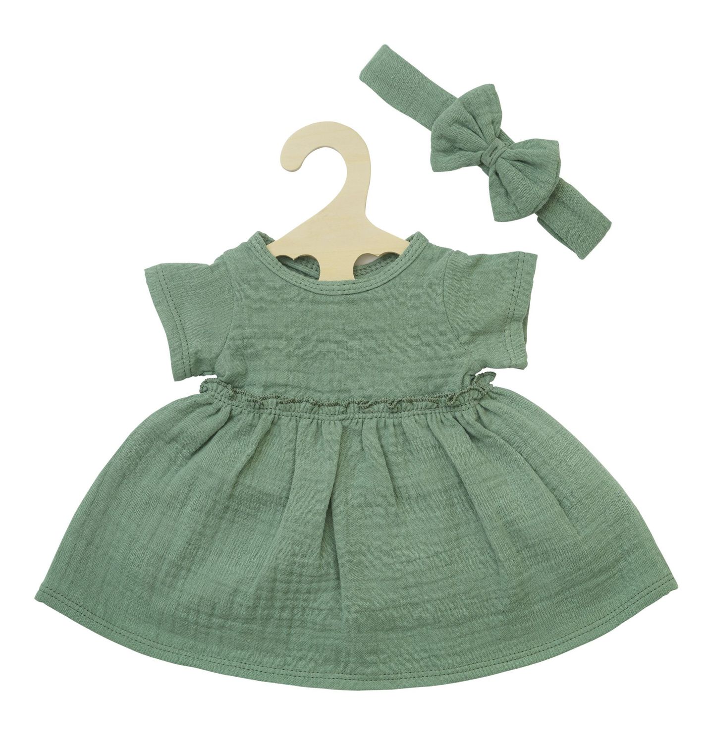 Kleid mit Rüschen und Haarband aus 100% Bio-Baumwolle Kleid mit Rüschen und Haarband aus 100% Bio-Baumwolle "Salbeigrün" für P-Größe 35cm - 45cm