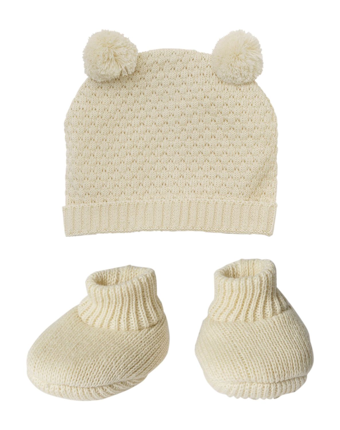 Strick-Set bestehend aus: Strick-Bommelmütze und Strick-Schuhe aus 100% Bio-Baumwolle Strick-Set bestehend aus: Strick-Bommelmütze und Strick-Schuhe aus 100% Bio-Baumwolle "Ecru" für Puppen-Größe 28cm bis 35cm