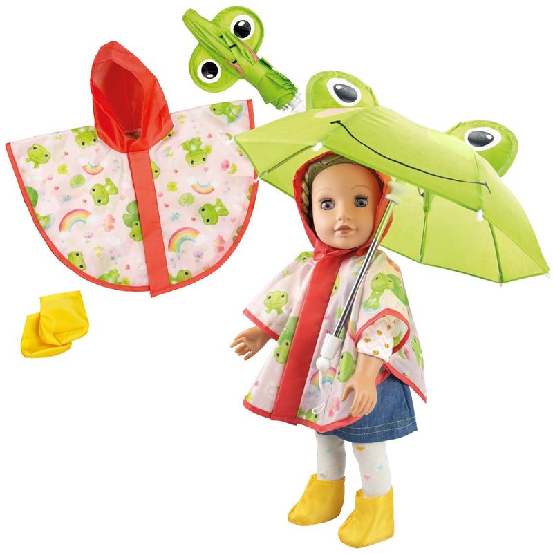 Regen-Set ohne Puppe mit Regencape, Regenschirm und Stiefelchen Regen-Set ohne Puppe mit Regencape, Regenschirm und Stiefelchen "Froschi Carlo" für Puppen-Größe 28cm bis 35cm
