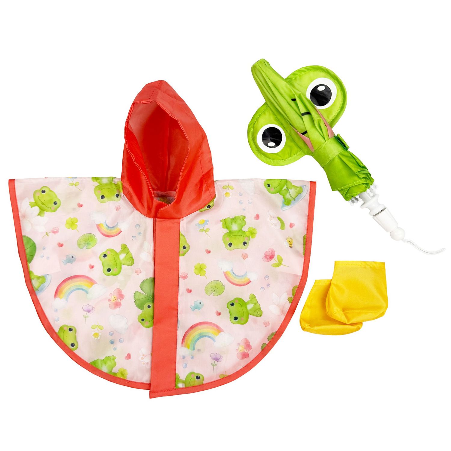 Regen-Set mit Regencape, Regenschirm und Stiefelchen ohne Puppe Regen-Set mit Regencape, Regenschirm und Stiefelchen ohne Puppe "Froschi Carlo" für Puppen-Größe 28cm bis 35cm