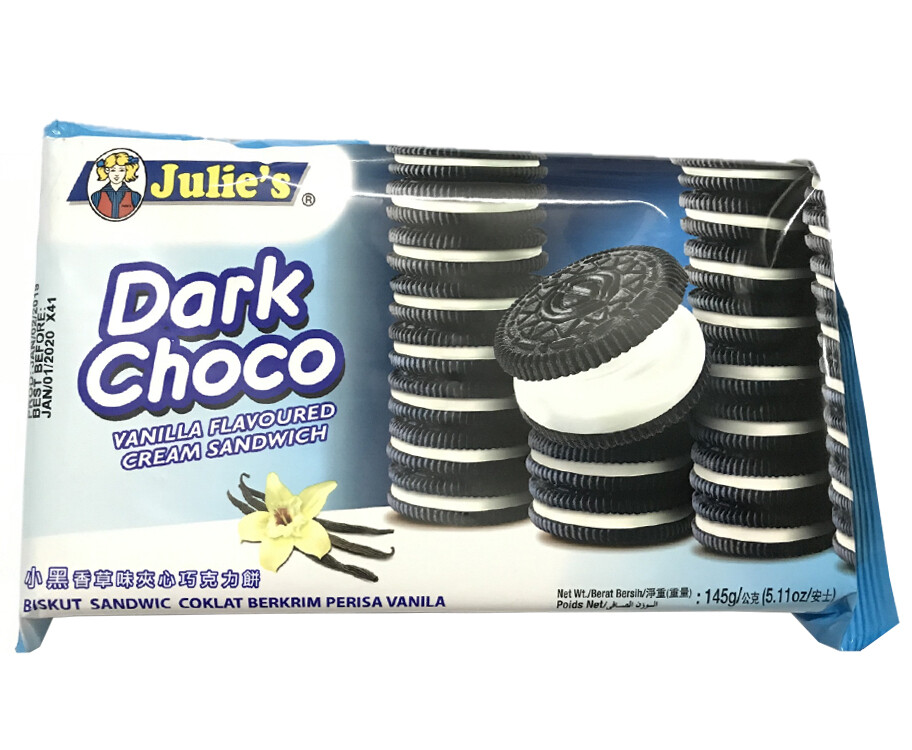 Julie&#39;s Dark Choco Vanilla Flavoured Cream Sandwich 145g