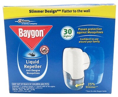Baygon Liquid Repeller Anti-Dengue Mosquitoes (1 Cordless Heater + 1 Liquid Refill of 30 Nights)