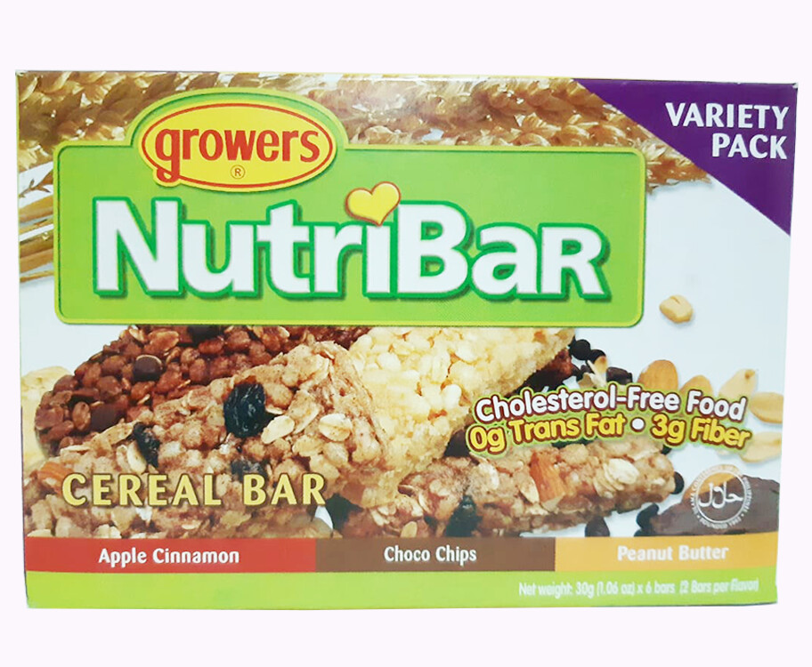 Growers NutriBar Apple Cinnamon + Choco Chips + Peanut Butter Cereal Bar Variety Pack (6 Bars x 30g)