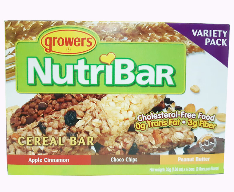 Growers NutriBar Apple Cinnamon + Choco Chips + Peanut Butter Cereal Bar Variety Pack (6 Bars x 30g)