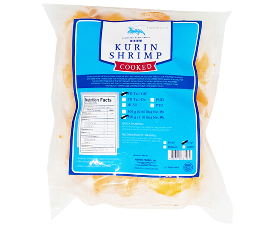 Seawater Farm Raised Cooked Kurin Shrimp PD Tail-Off Large 500g