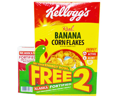Kellogg's Real Banana Corn Flakes with Real Banana Puree + Free Alaska Fortified UHT-Processed Milk Drink (185mL)