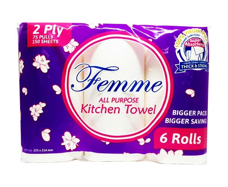 Femme All Purpose Kitchen Towel 2-Ply 75 Pulls 150 Sheets 6 Rolls
