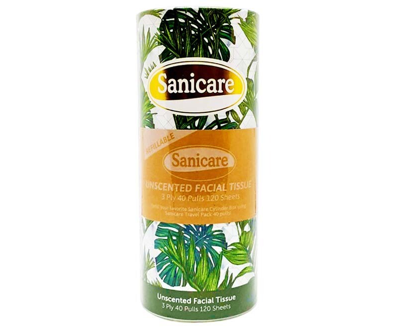 Sanicare Unscented Facial Tissue 3-Ply 40 Pulls 120 Sheets Refillable Cylinder Box