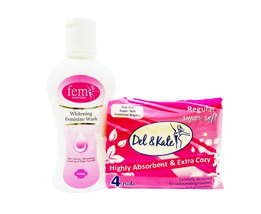 Fem Essential Whitening Feminine Wash + Del &amp; Kate Regular 4 Pads