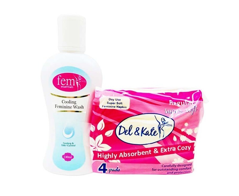 Fem Essentials Cooling Feminine Wash 140mL + Del &amp; Kate Regular 4 Pads