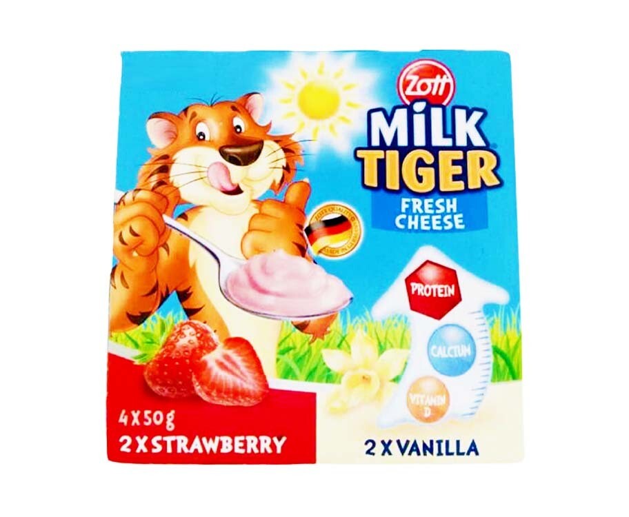 Zott Milk Tiger Fresh Cheese Strawberry Vanilla (4 Packs x 50g)
