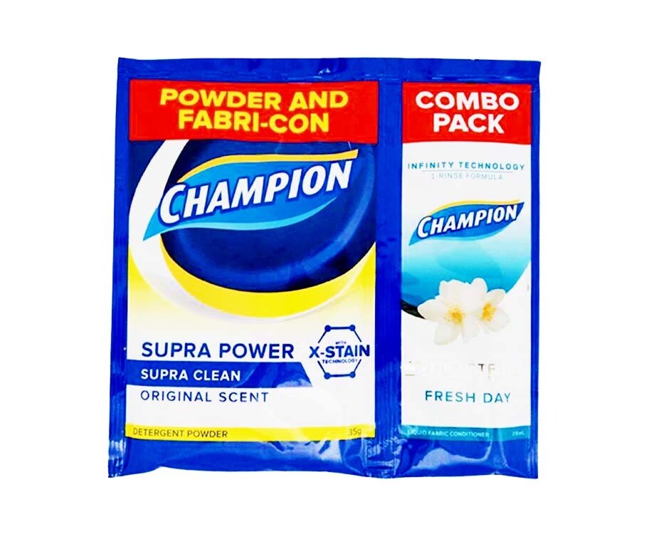 Champion Supra Power Super Clean Original Scent Detergent Powder 35g + Champion Antibacterial Fabri-Con Fresh Day 28mL