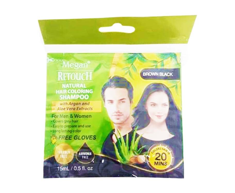 Megan Retouch Natural Hair Coloring Shampoo with Argan and Aloe Vera Extracts Brown Black 15mL