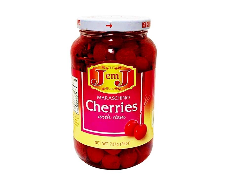 J em J Maraschino Cherries with Stem 26oz (737g)