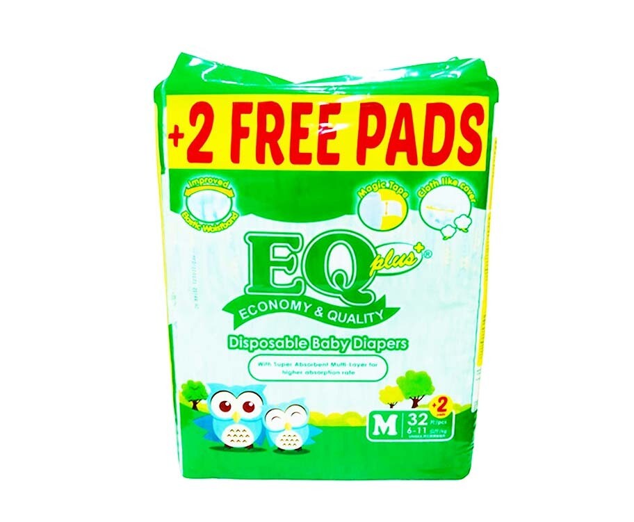 EQ Plus Disposable Baby Diapers Medium 32 diapers + 2 diapers free