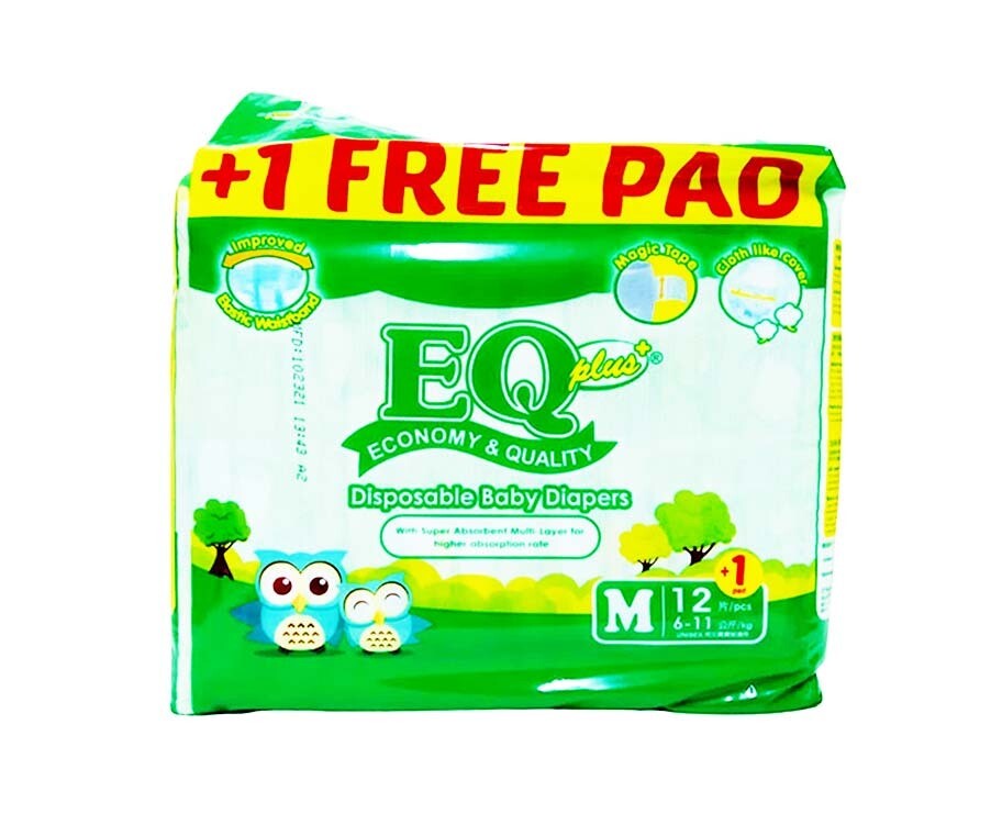 EQ Plus Disposable Baby Diapers Medium 12 diapers + 1 diaper free