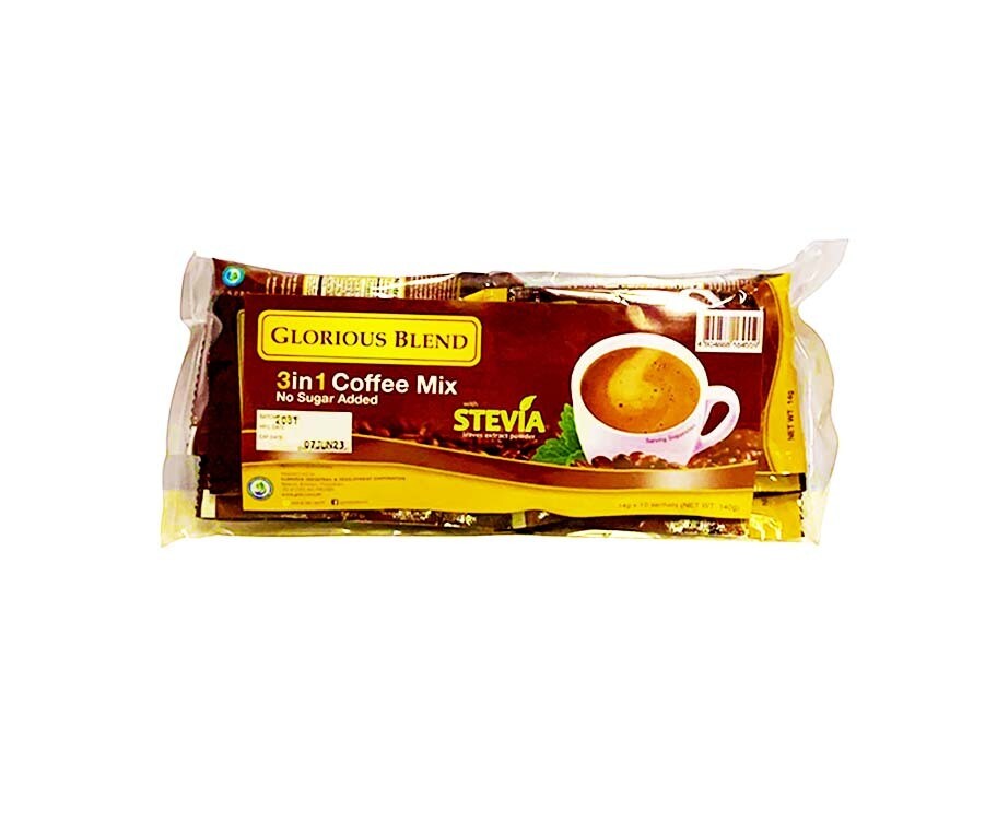 Glorious Blend 3-in-1 Coffee Mix No Sugar Added with Stevia Leaves Extract Powder (10 Sachets x 14g) 140g