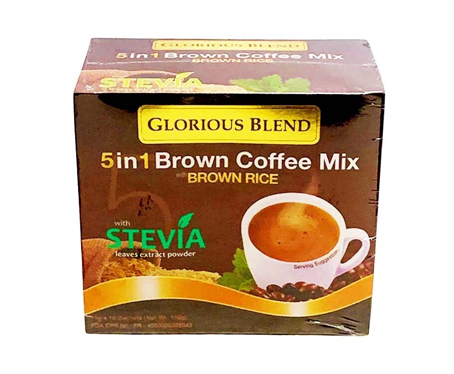 Glorious Blend 5-in-1 Brown Coffee Mix with Brown Rice with Stevia Leaves Extract Powder (10 Sachets x 15g) 150g