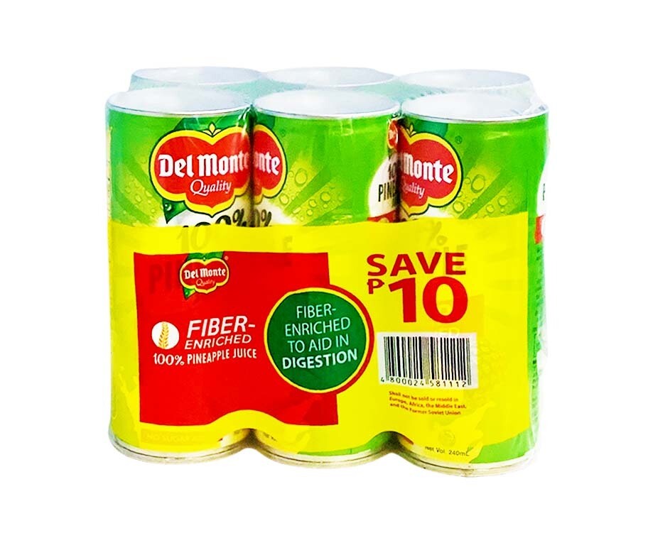 Del Monte 100% Pineapple Juice Fiber-Enriched (6 Packs x 240mL)