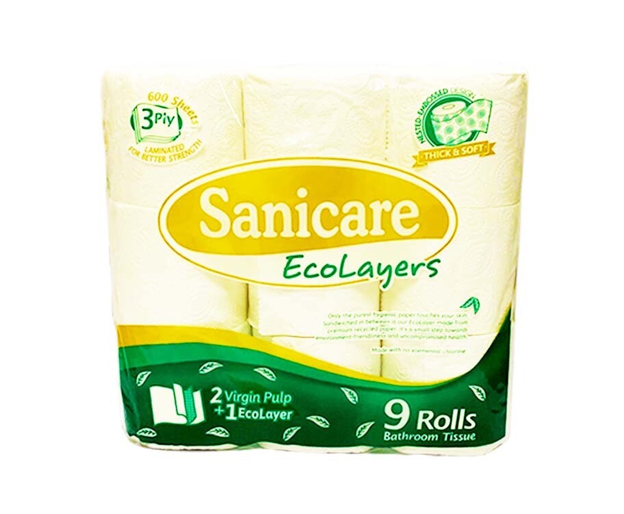 Sanicare EcoLayers Bathroom Tissue 3-Ply 600 Sheets 9 Rolls