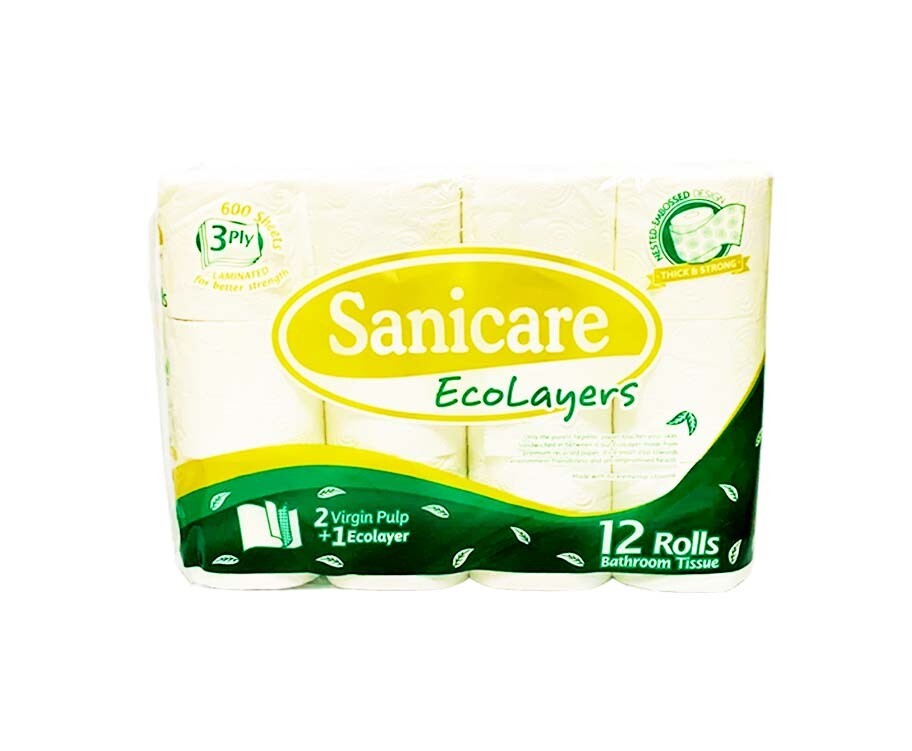 Sanicare EcoLayers Bathroom Tissue 3-Ply 600 Sheets 12 Rolls