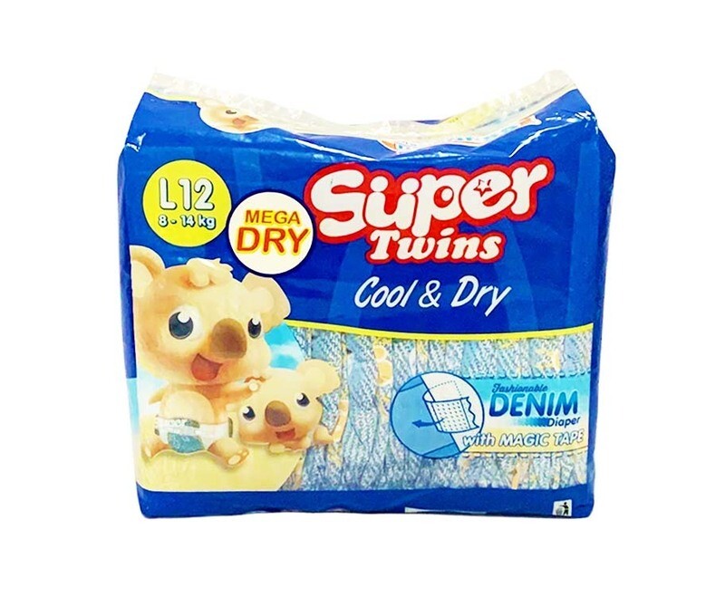 Super Twins Cool &amp; Dry Fashionable Denim Diaper with Magic Tape Large 8-14kg 12 Diapers