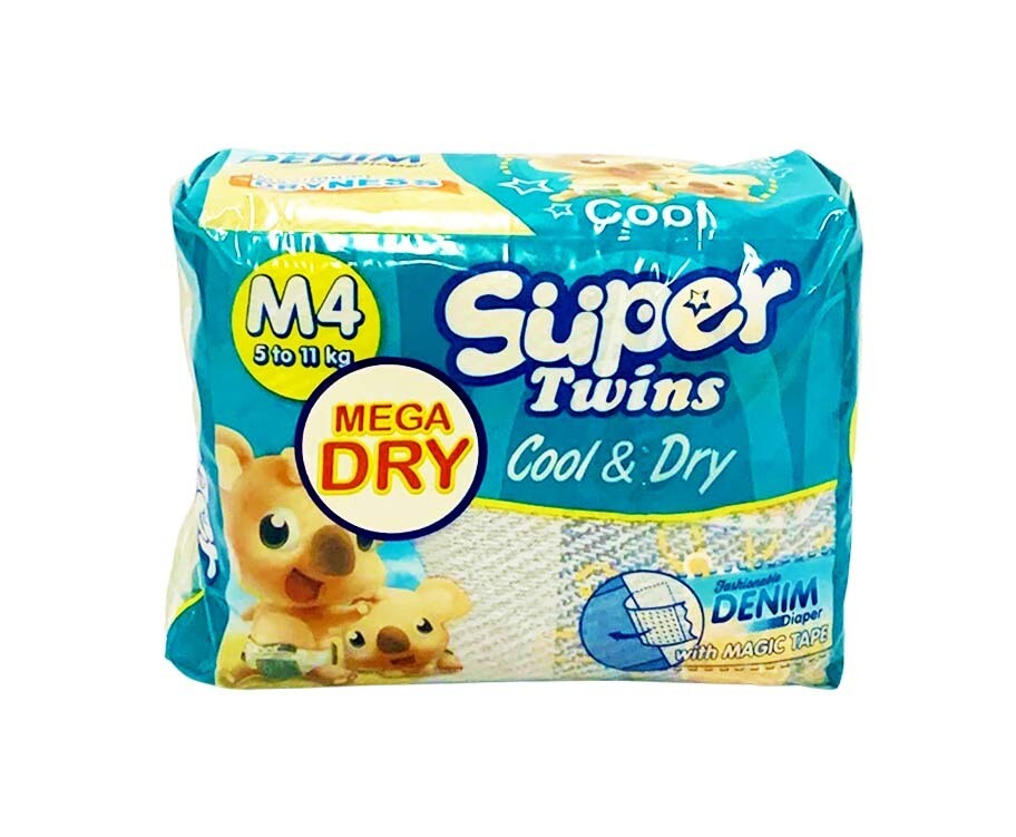 Super Twins Cool &amp; Dry Fashionable Denim Diaper with Magic Tape Medium 5-11kg 4 Diapers
