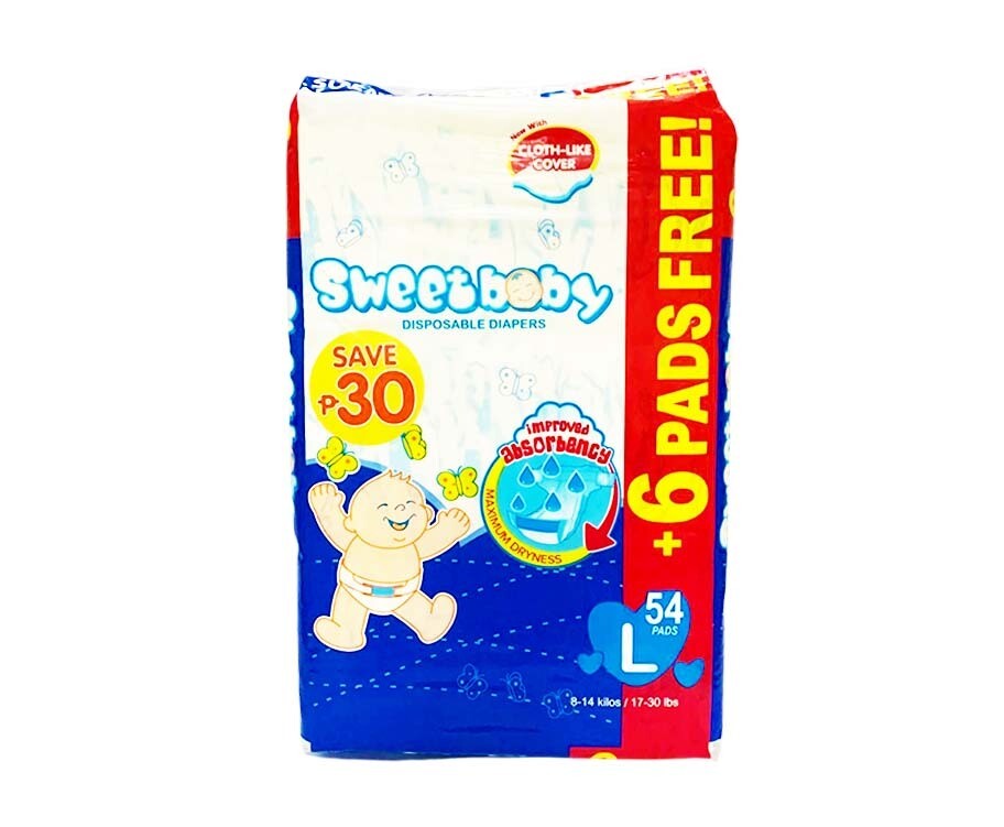 Sweet Baby Disposable Diapers Large 8-14kg (17-30lbs) 54+6 Pads