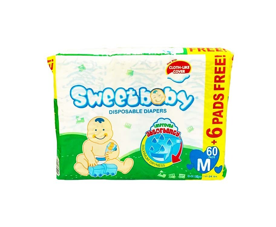 Sweet Baby Disposable Diapers Medium 5-11kg (11-24lbs) 60+6 Pads