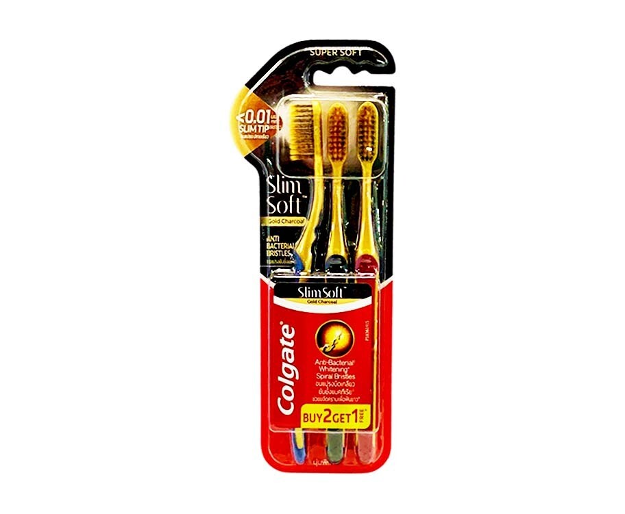 Colgate Slim Soft Gold Charcoal Anti-Bacterial Whitening Spiral Bristles Super Soft Toothbrush 2+1 Pieces